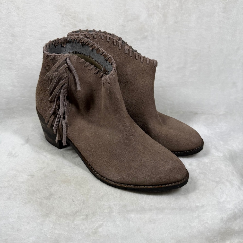 Extrafine Sugar Taupe Suede‎ Fringe Western Ankle Boots Whipstitch Trim 10